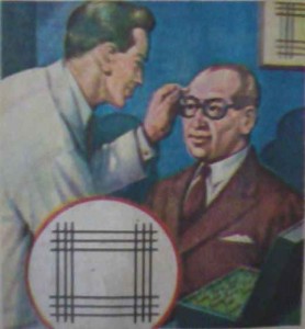 Bir göz doktoru, bir hastayı muayene ediyor. (Küçük resim) düşey ve yatay çizgili astigmatizm kontrol kartı.